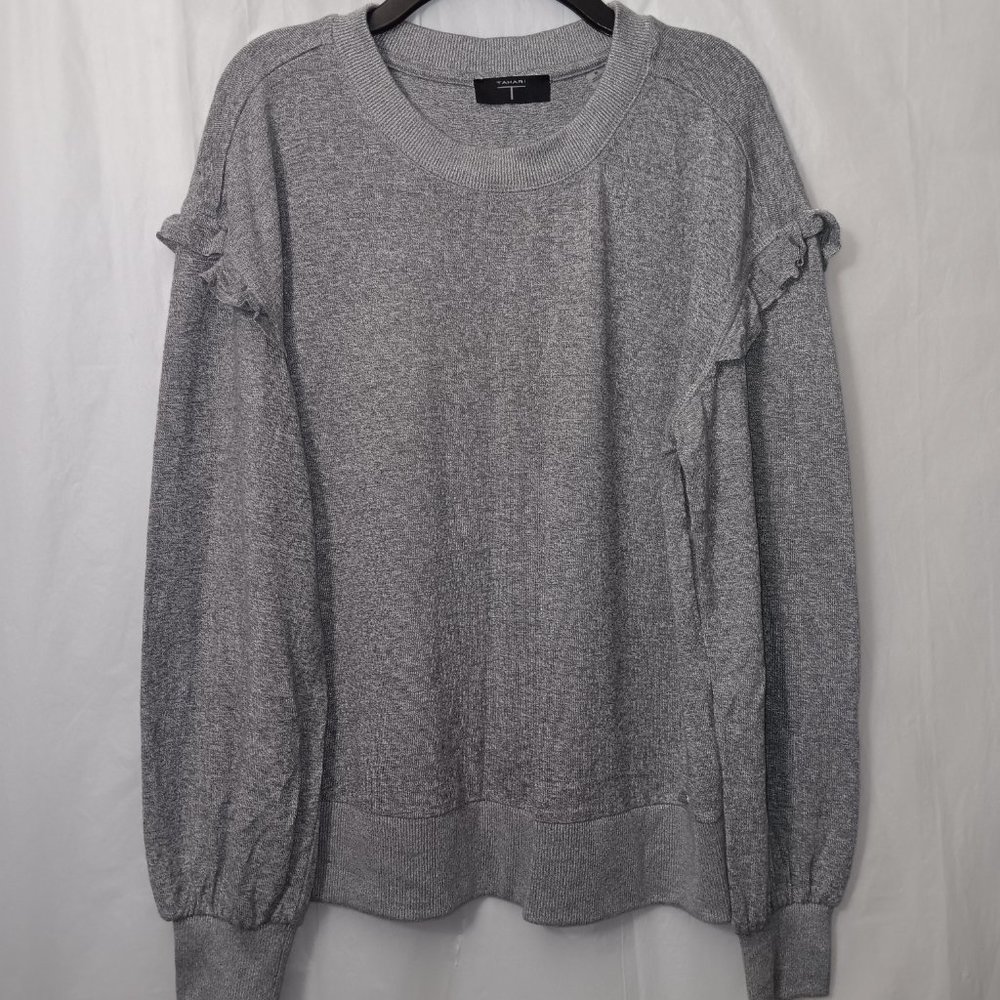 TAHARI PULLOVER RUFFLED SLEEVE TOP GRAY SIZE MEDIUM